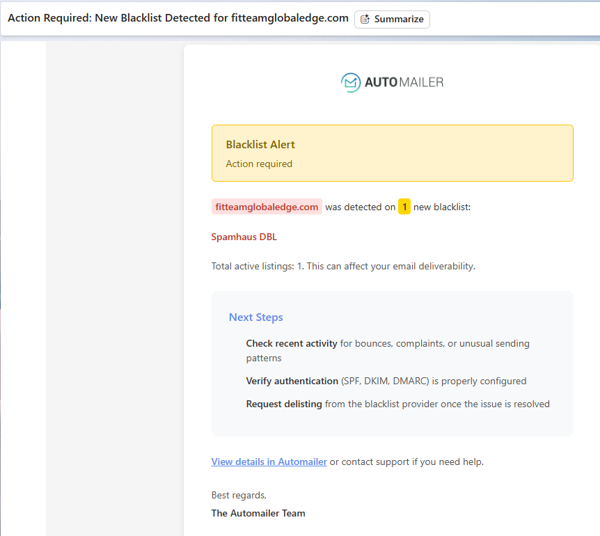 AutoMailer instant blacklist alert with provider name and severity