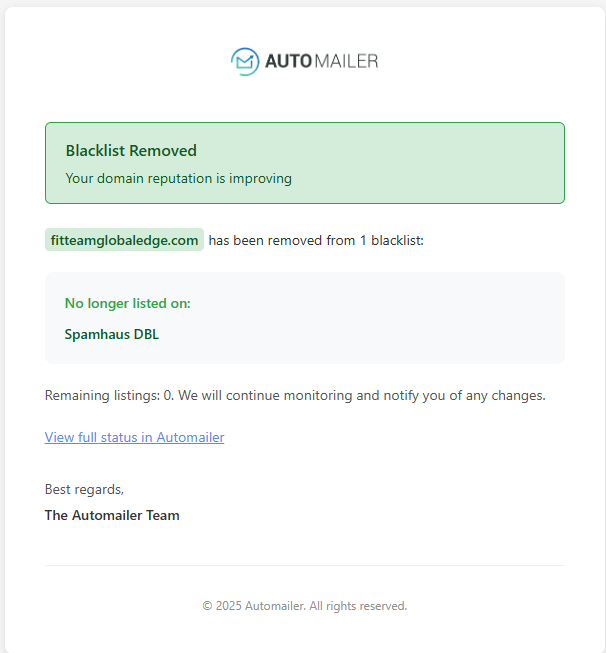 AutoMailer guided blacklist removal with step-by-step delisting instructions