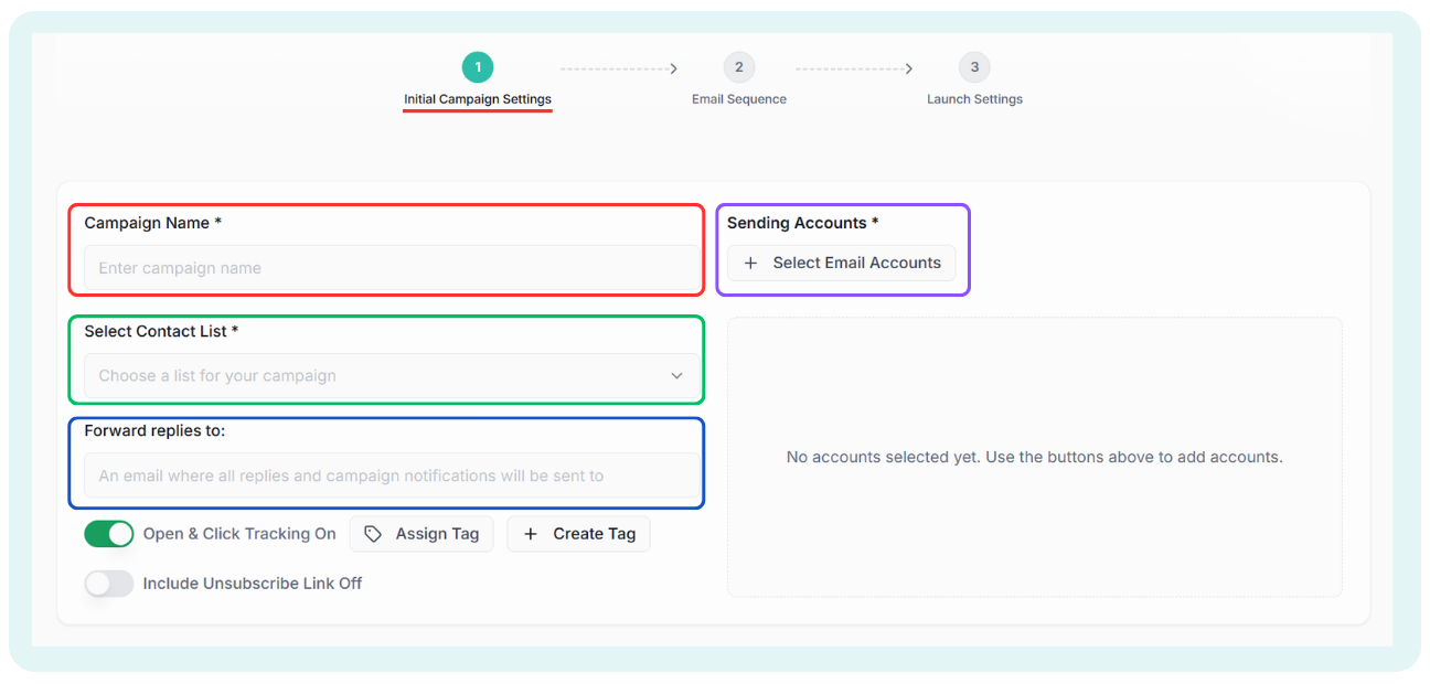 Initial Campaign Settings screen with fields for Campaign Name, Select Contact List, Sending Accounts, and Forward replies to