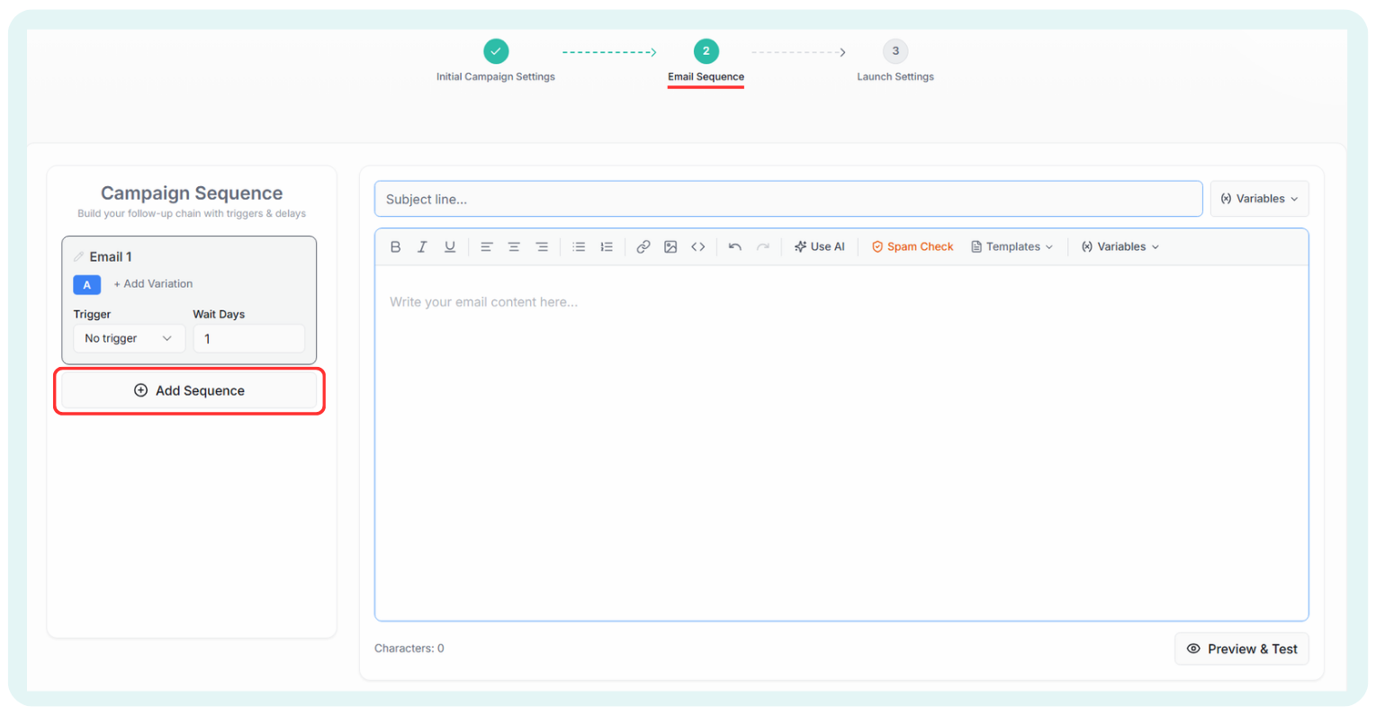 Campaign Sequence panel with Email 1 step and the Add Sequence button highlighted
