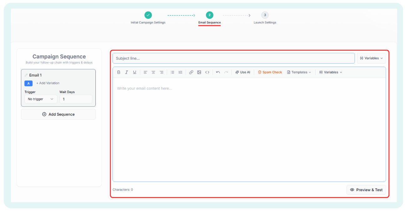 Email Sequence step with Campaign Sequence panel on the left and the subject line and body editor on the right