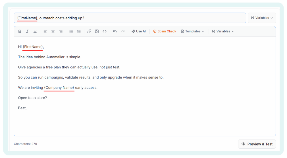 Filled-in email showing personalization variables like FirstName and Company Name inserted into the subject and body