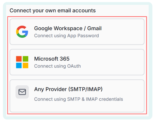 Connect your own email accounts modal showing Google Workspace, Microsoft 365, and Any Provider SMTP/IMAP options