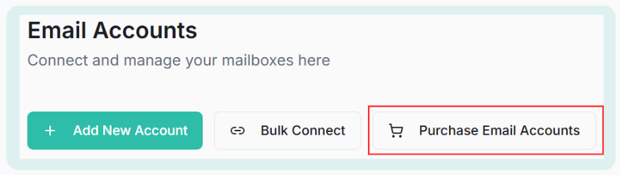 Email Accounts page header with Add New Account, Bulk Connect, and Purchase Email Accounts buttons - the Purchase Email Accounts button highlighted