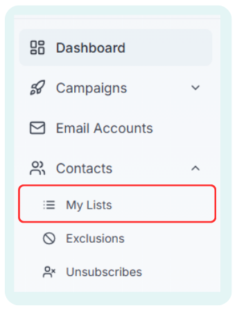 Side navigation showing Dashboard, Campaigns, Email Accounts, and Contacts expanded with My Lists highlighted