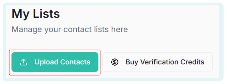 My Lists page header with the Upload Contacts button highlighted