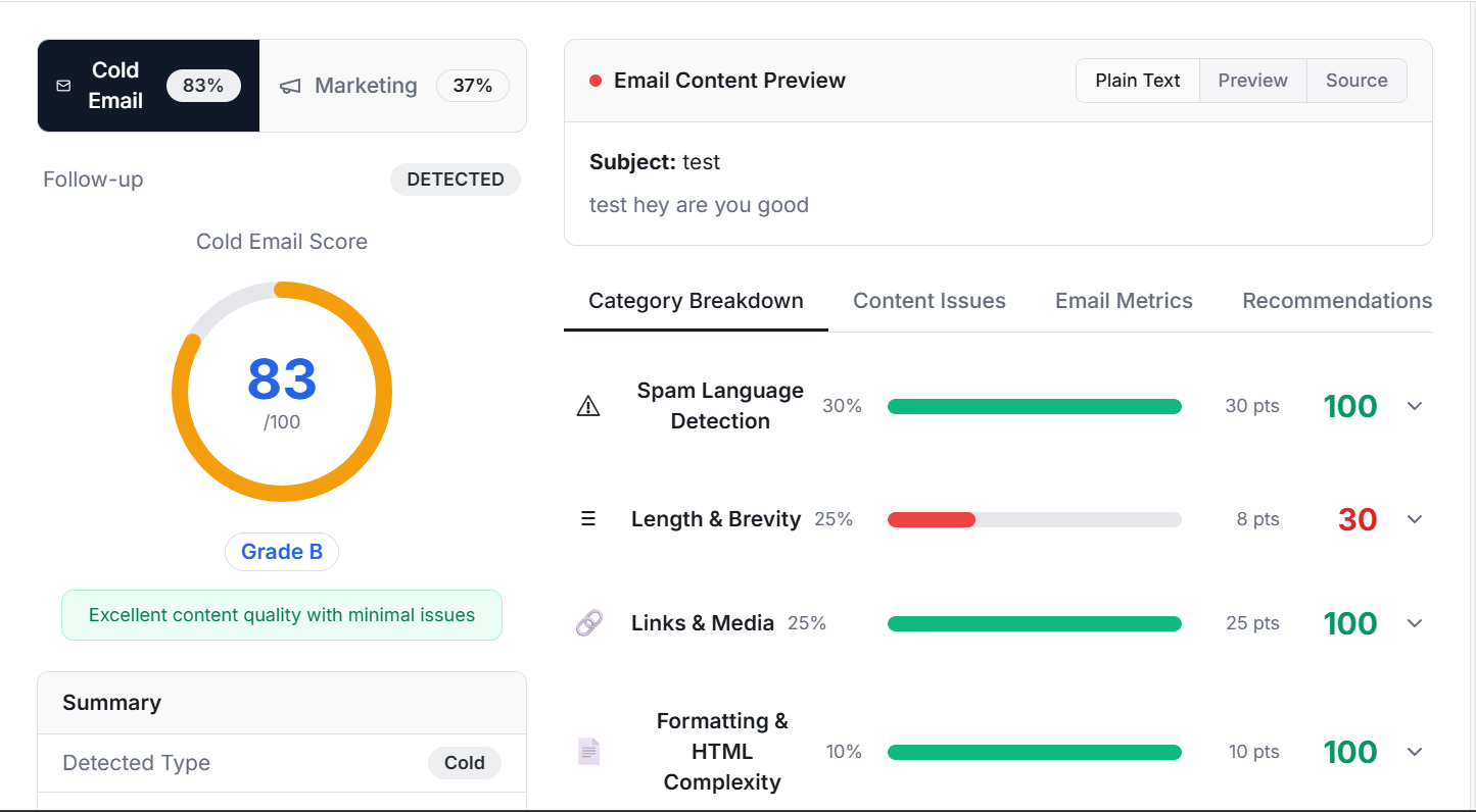 AutoMailer email content analysis with spam triggers, engagement scoring, and fix instructions