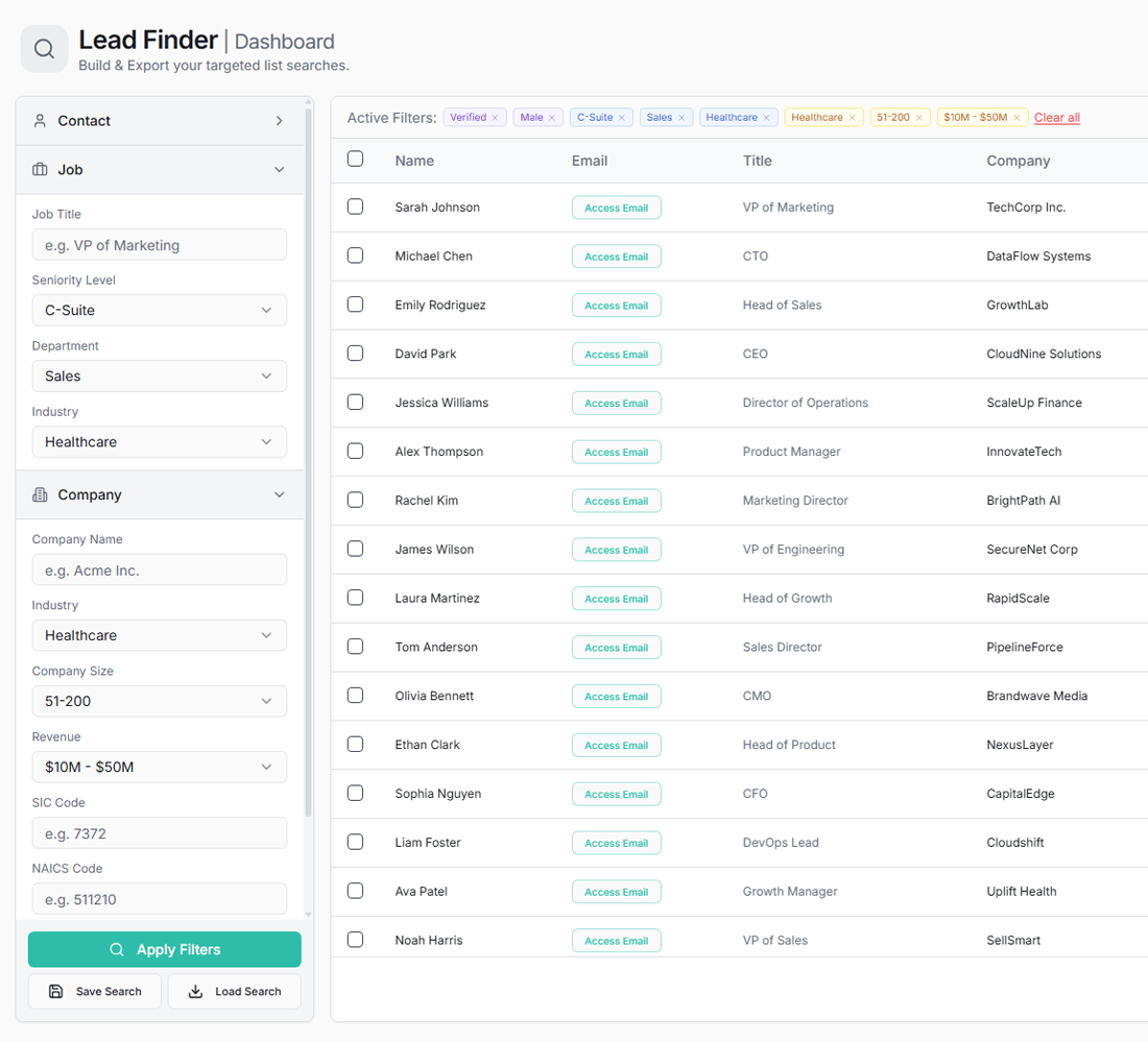 AutoMailer lead finder interface with verified contact search and filters