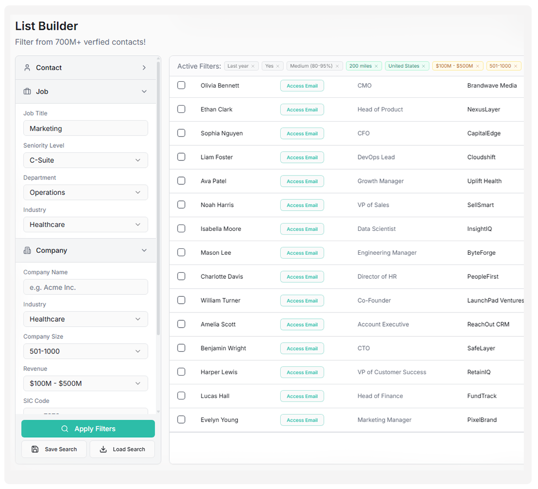 AutoMailer lead finder searching 500M+ verified B2B contacts with filters